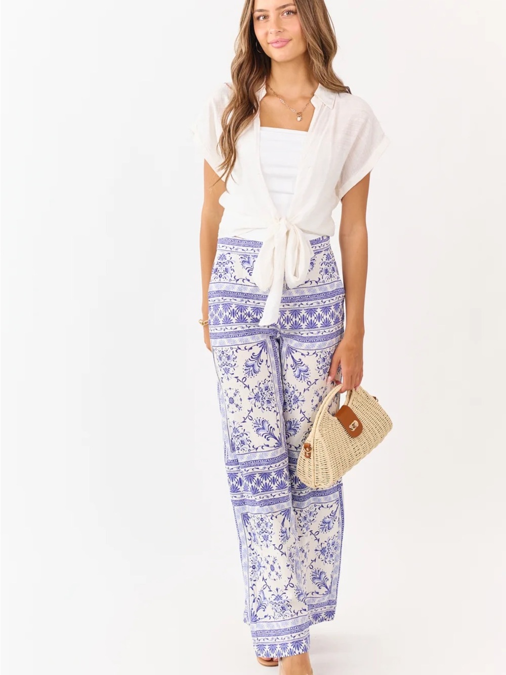 White & Blue Printed Wide-Leg Pants for Women NEW IN PACKAGE. Size Large